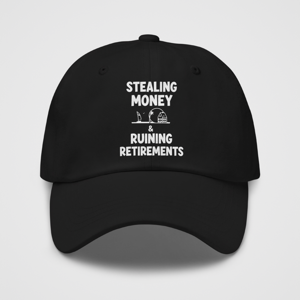 SMRR Hat – front view: black dad hat with white-ink "Stealing Money & Ruining Retirements" text and a small beach-house scene, Santa Monica politics satire by TrollGov