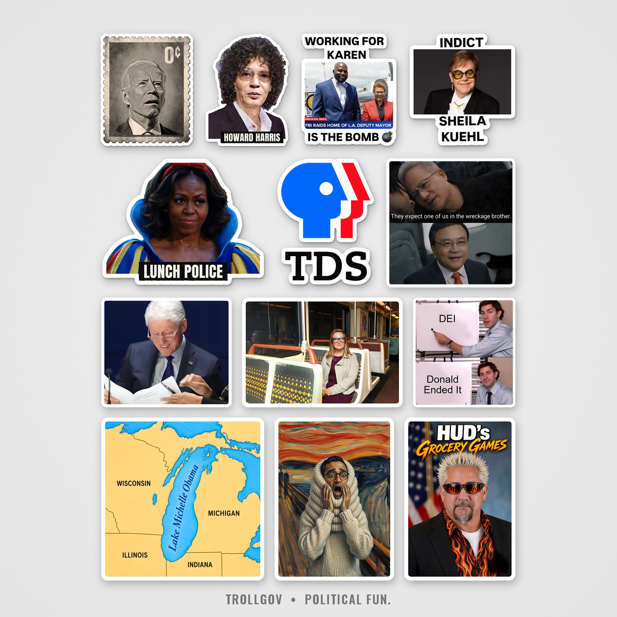 Troll Pack 3 sticker pack, thirteen matte political satire stickers